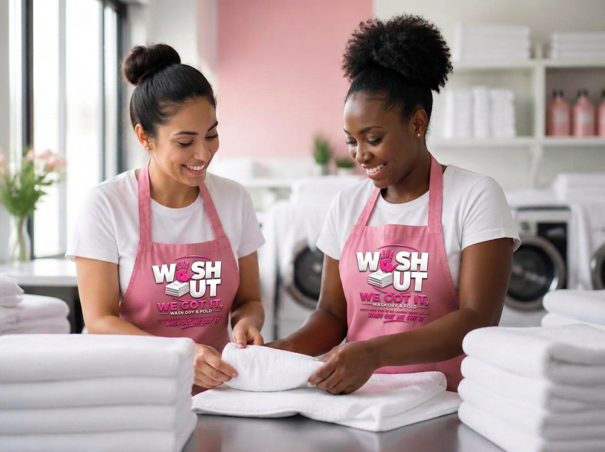 Team members folding fresh laundry at the Wash Out facility